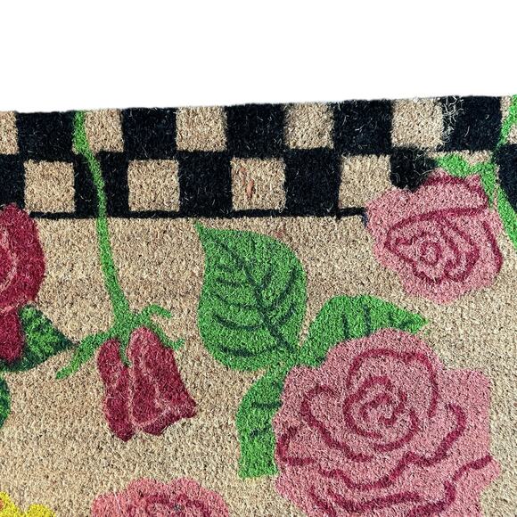 Pop of Color Floral Coir Doormat 24x36 Checkered Border Non Slip NEW - Picture 9 of 11